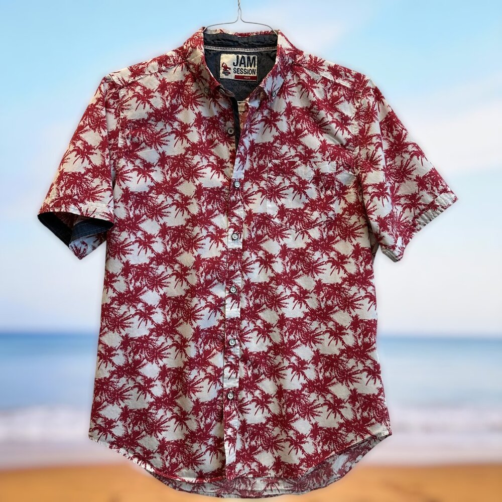 Vintage Jam Session Palm Tree Button Shirt Red‎ White Y2K Surf Casual M